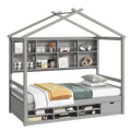 Twin House Bed With Roof Frame, Bedside Shelves, Under Bed Storage Unit,Grey Twin Grey American Design Pine