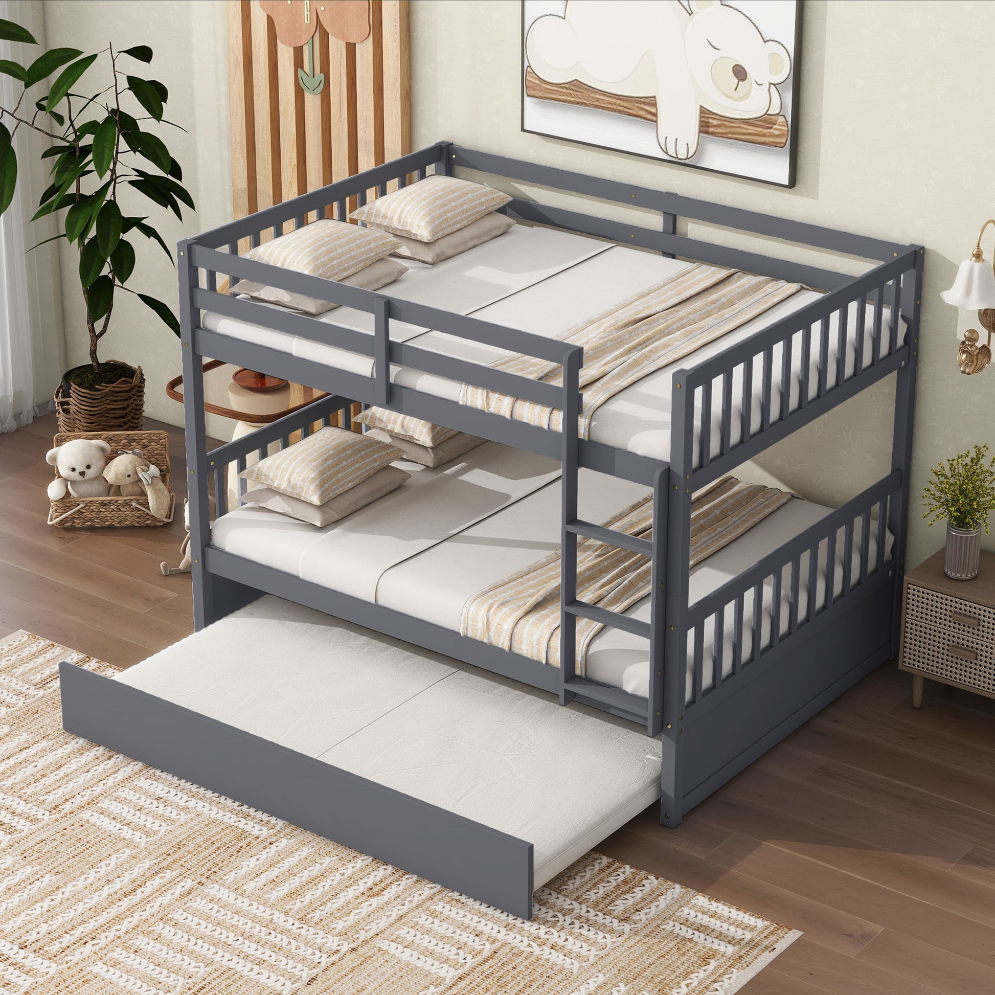 Full Over Full Rubber Wood Bunk Bed With Trundle, Ladder And Guardrails, Convertible To 2 Full Size Beds, With Twin Size Trundle ,Dark Grey Full Dark Grey Bedroom American Design Bed Frame Rubber