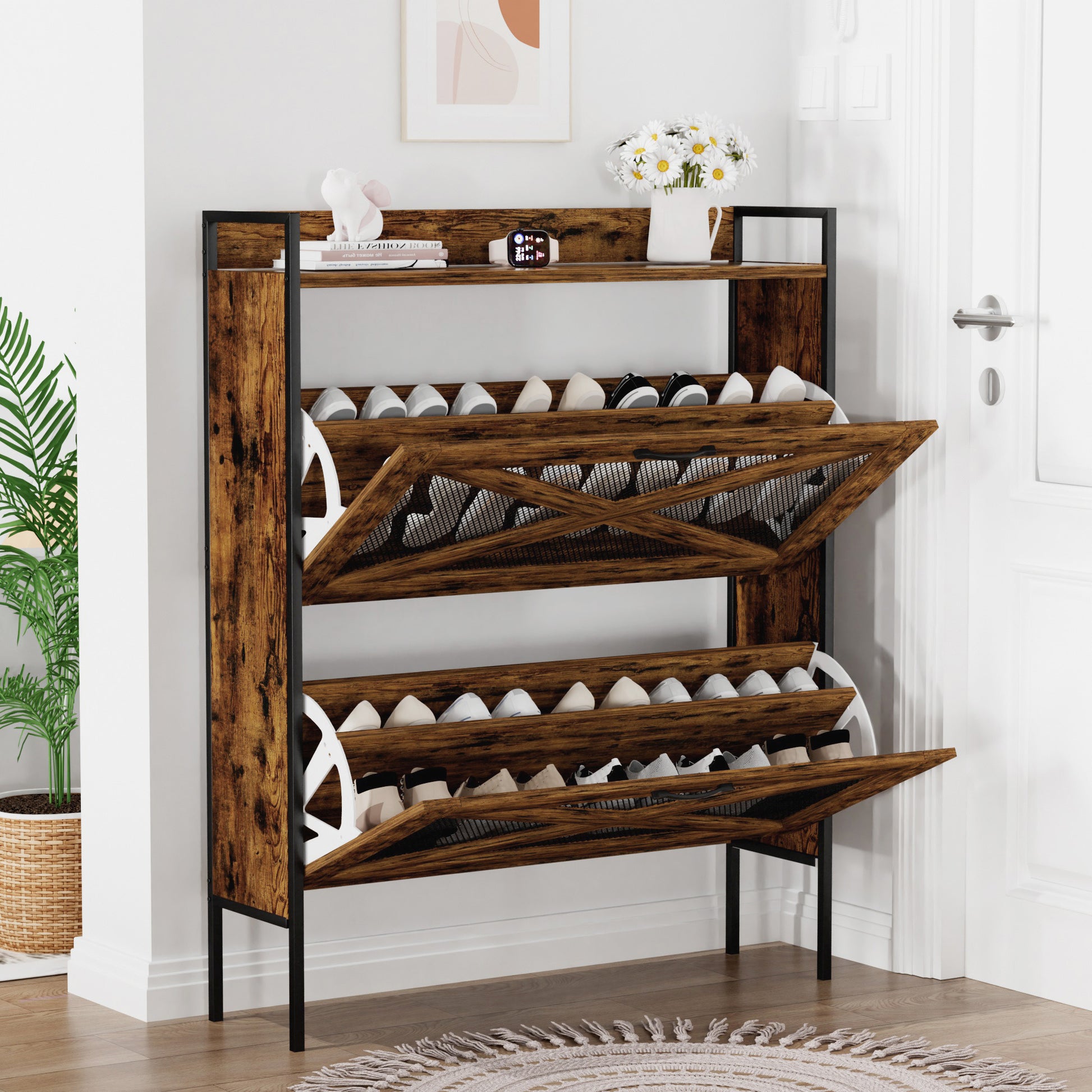 A Shoe Cabinet With 2 Flip Top Drawers, An Entryway Shoe Cabinet, A Narrow Standalone Shoe Rack Cabinet With Metal Legs, Rustic Brown,31.5'' W X 8.5'' D X 39.5'' H. Rustic Brown Particle Board
