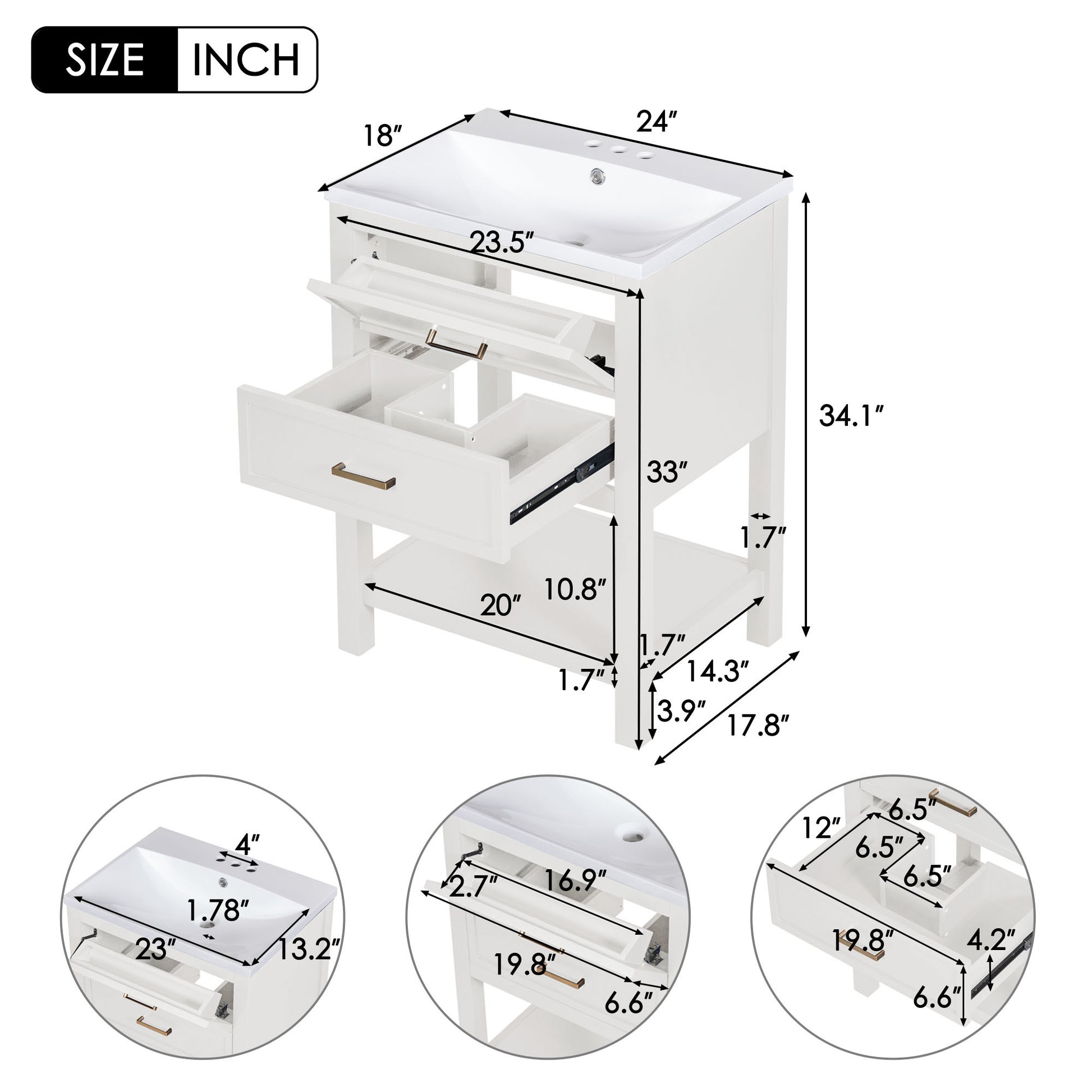 24'' Bathroom Vanity With Top Sink, Modern Bathroom Storage Cabinet With 2 Drawers, Single Sink Bathroom Vanity 2 White 1 Adjustable Hinges Bathroom Freestanding Mdf Painted