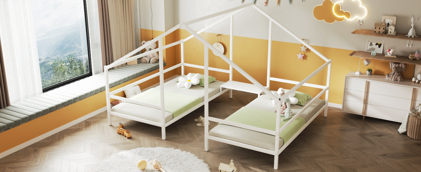 Metal Double Twin Size Triangular House Beds With Built In Table, White Box Spring Not Required Twin White Metal Metal