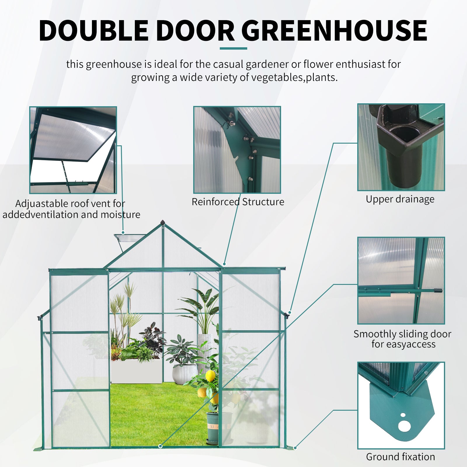 8X8 Ft Double Door Polycarbonate Greenhouse Raised Base And Anchor Aluminum Heavy Duty Walk In Greenhouses For Outdoor Backyard In All Season,Green Green Aluminium