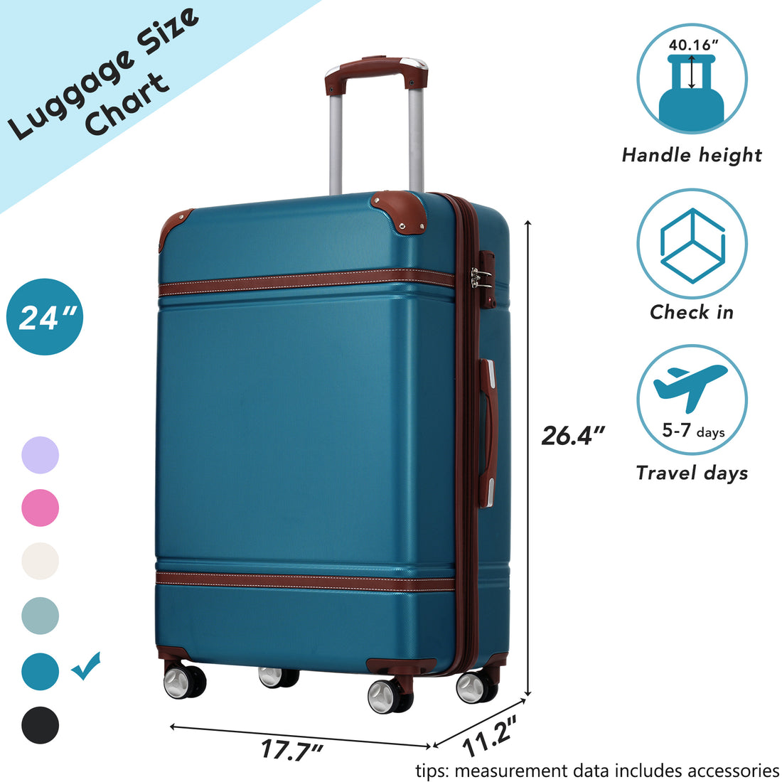 Hardshell Luggage With Tsa Lock24" Expandable Lightweight Suitcase With Spinner Wheels, Single Vintage Luggage,Blue Blue Abs