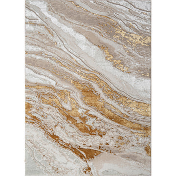 "Adina" Luxury Area Rug In Beige And Gold Abstract Design Multicolor Polyester