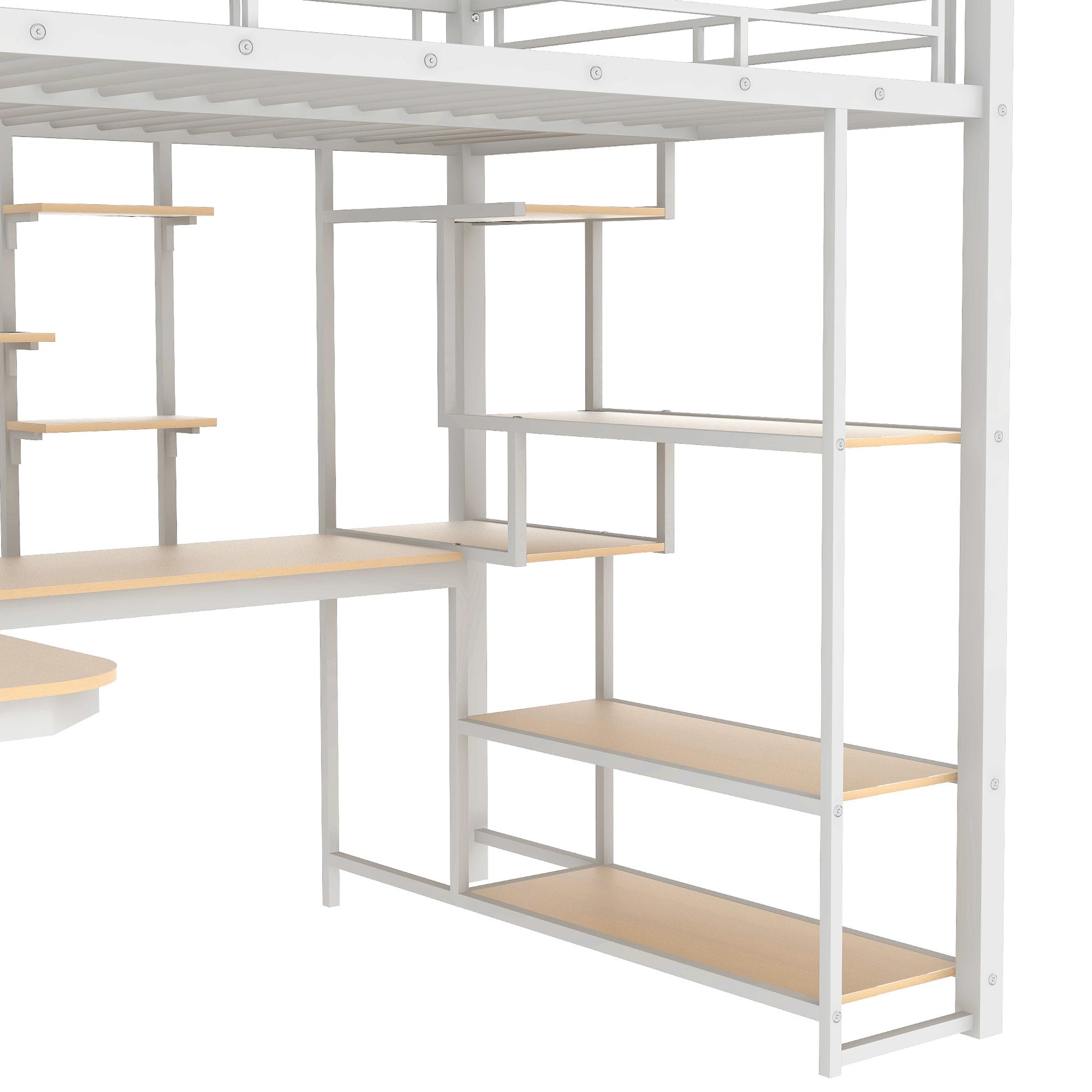 Full Size Metal Loft Bed With Storage Staircase And Small Wardrobe, Built In Desk And Storage Shelves, White Full White Metal