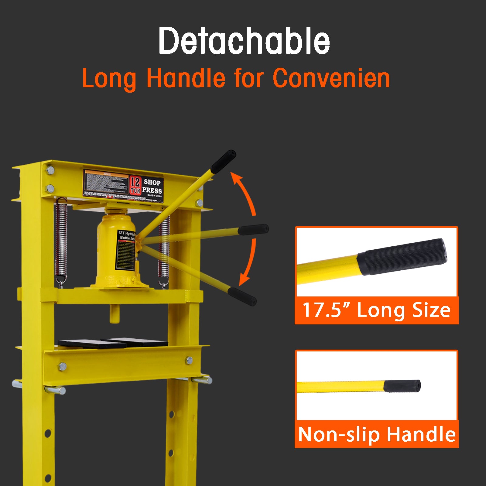 Hydraulic Shop Press ,12 Ton Capacityfloor Mount ,With Press Plates, H Frame Garage Floor Press, Adjustable Working Table Height, ,Yellow Yellow Steel