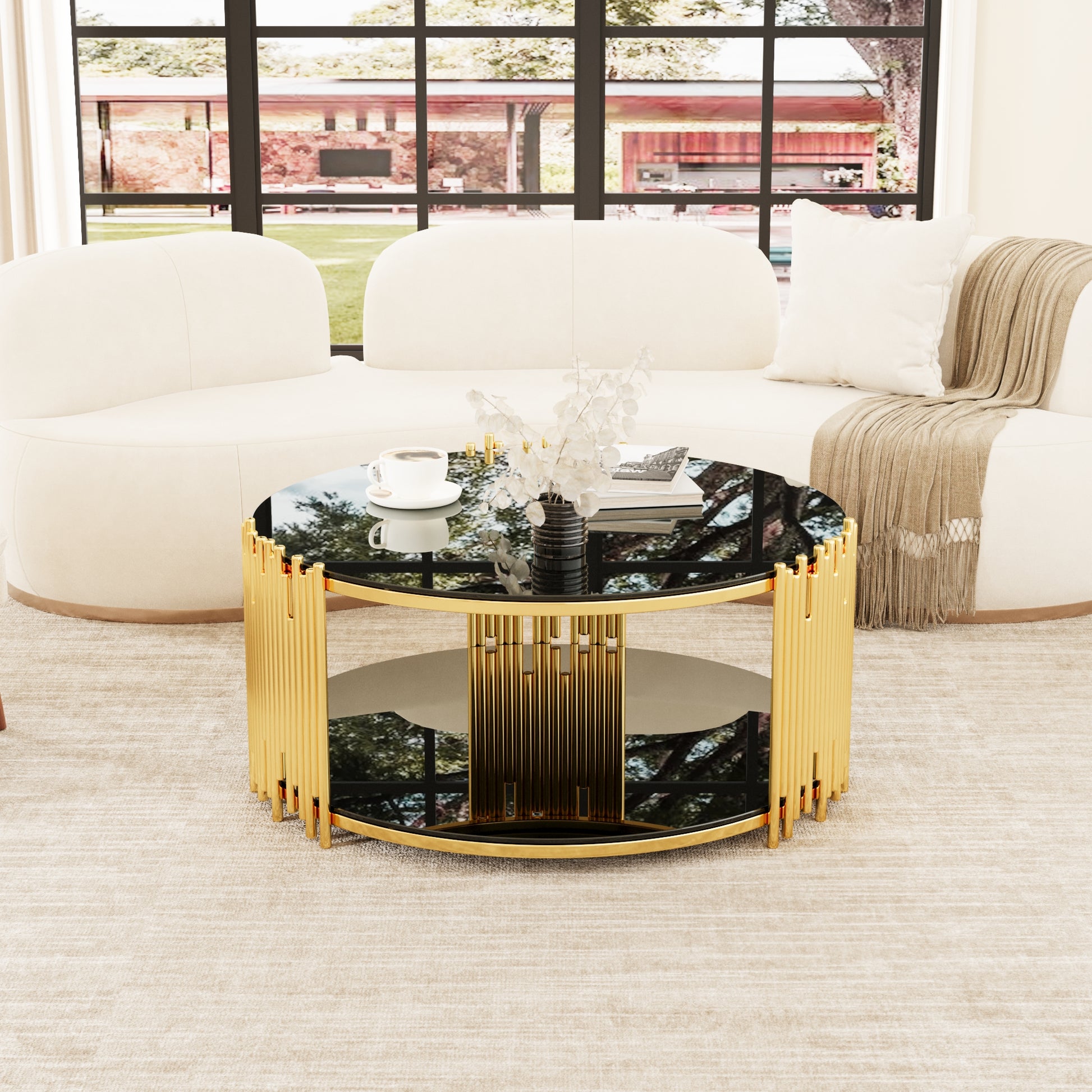 Modern Minimalist Light Luxury Style Stainless Steel Circular Coffee Table, Black Tempered Glass Countertop, Living Room Coffee Table Black Glass,Stainless Steel