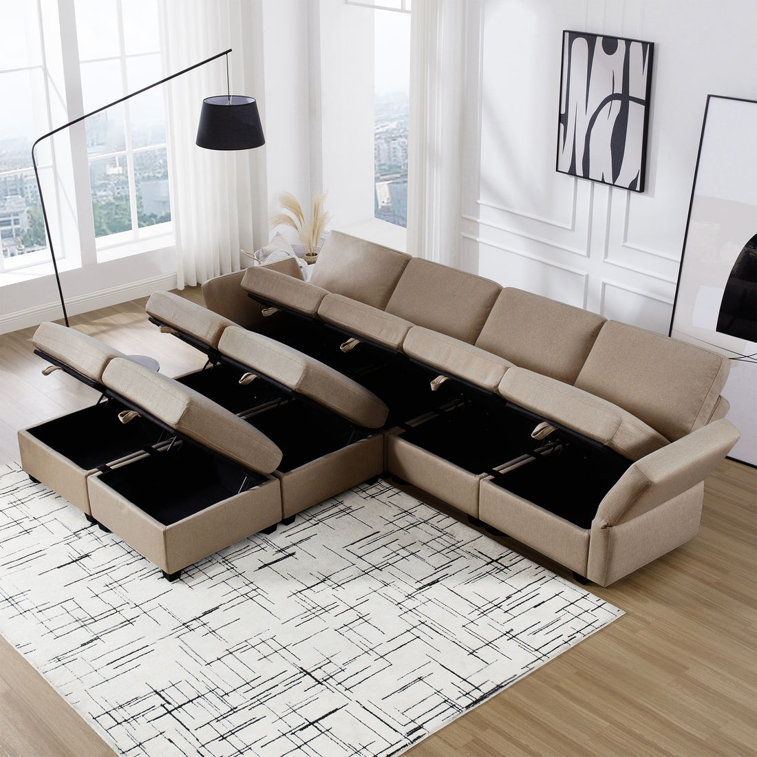 Modular Convertible U Shaped Sectional Sofa Couch With Storage Ottoman Corner Couch For Living Room, Adjustable Arms And Backs Brown Brown Polyester 4 Seat