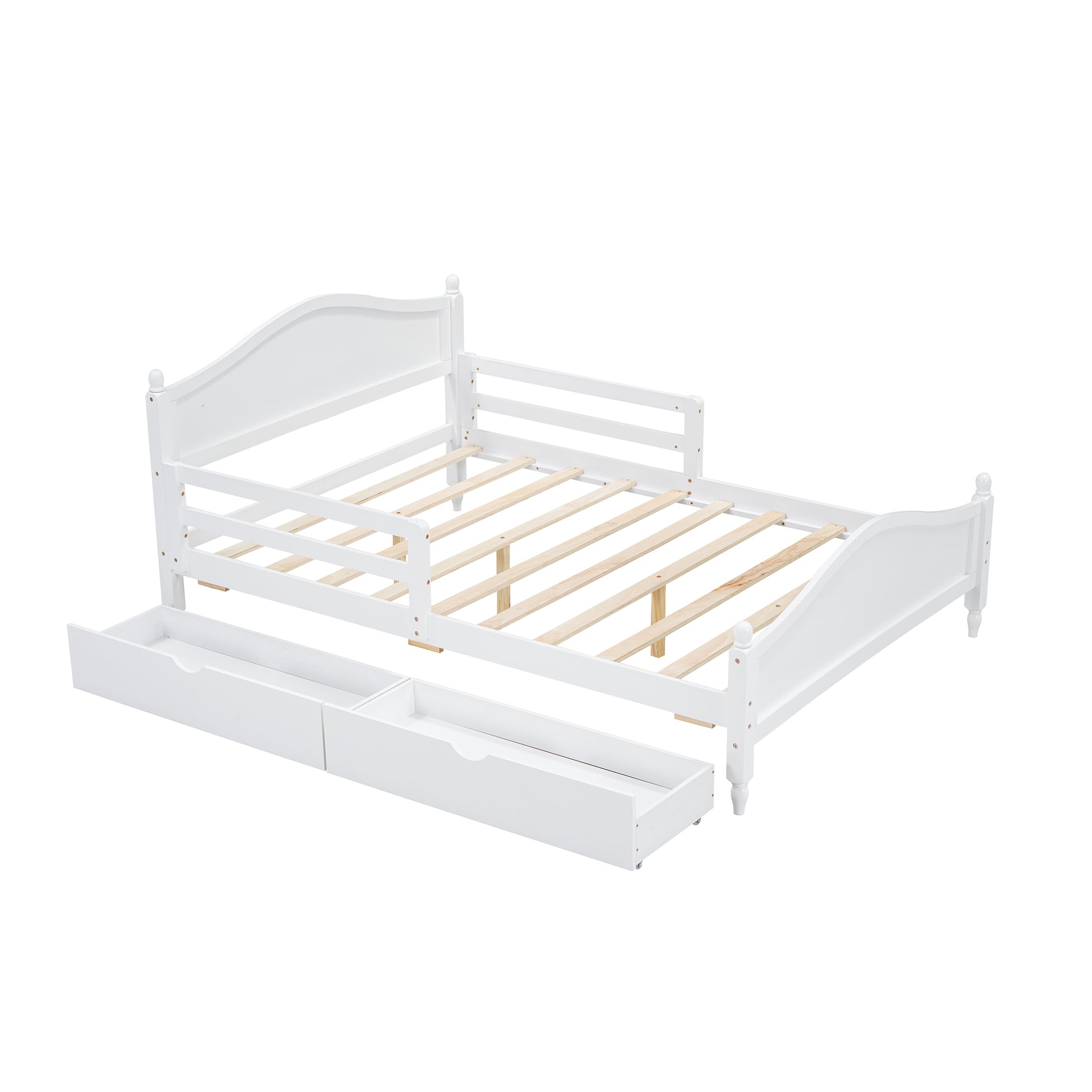 Full Size Wood Platform Bed With Guardrails On Both Sides And Two Storage Drawers ,White Full White Wood