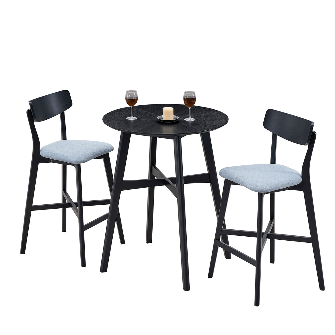 3 Pieces Bar Table Set,Modern Round Counter Height Pub Table, Wooden High Top With Bar Stools Pub Dining Set For Kitchen,Restaurant,Cocktail Bar,Black Black Solid Wood Mdf