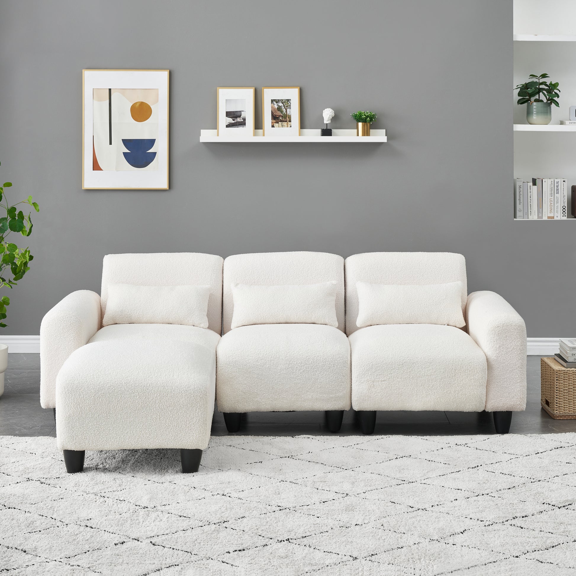 The 84.6 Inch Beige Teddy Fleece Creative Sofa Can Be Assembled Into A Two Seater Sofa Plus A Single Couch With Three Waist Pillows To Perfectly Stretch Your Waist For Small Apartment Bedroom Spaces Beige Polyester Blend 4 Seat