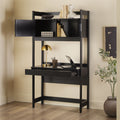 Transitional Reeded Desk With Hutch And Drawers Plus Tech Management Black Black Mdf Mdf