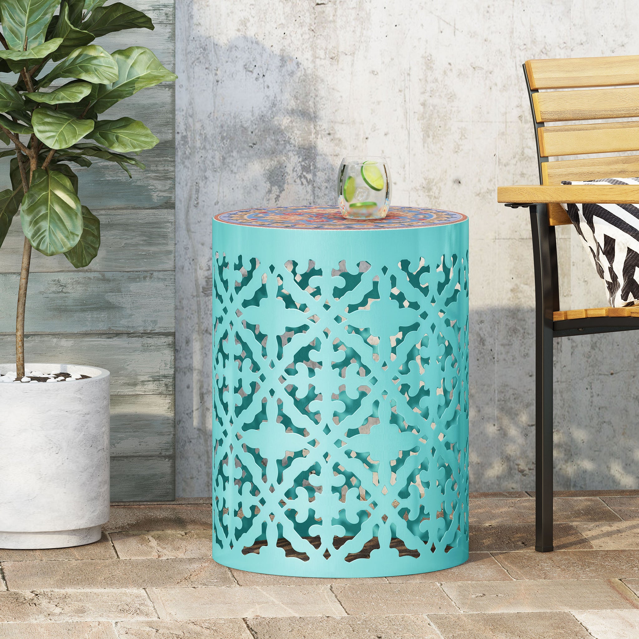 Castana Side Table Teal Rattan Fabric