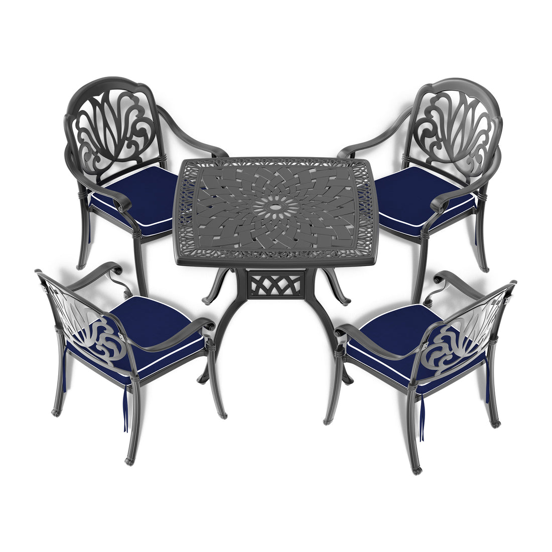 Cushions In Random Colors 5 Piece Set Of Cast Aluminum Patio Furniture With Cushions Yes Dining Set Black Seats 4 Rust Resistant Frame Water Resistant Cushion Garden & Outdoor Complete Patio Sets Aluminium