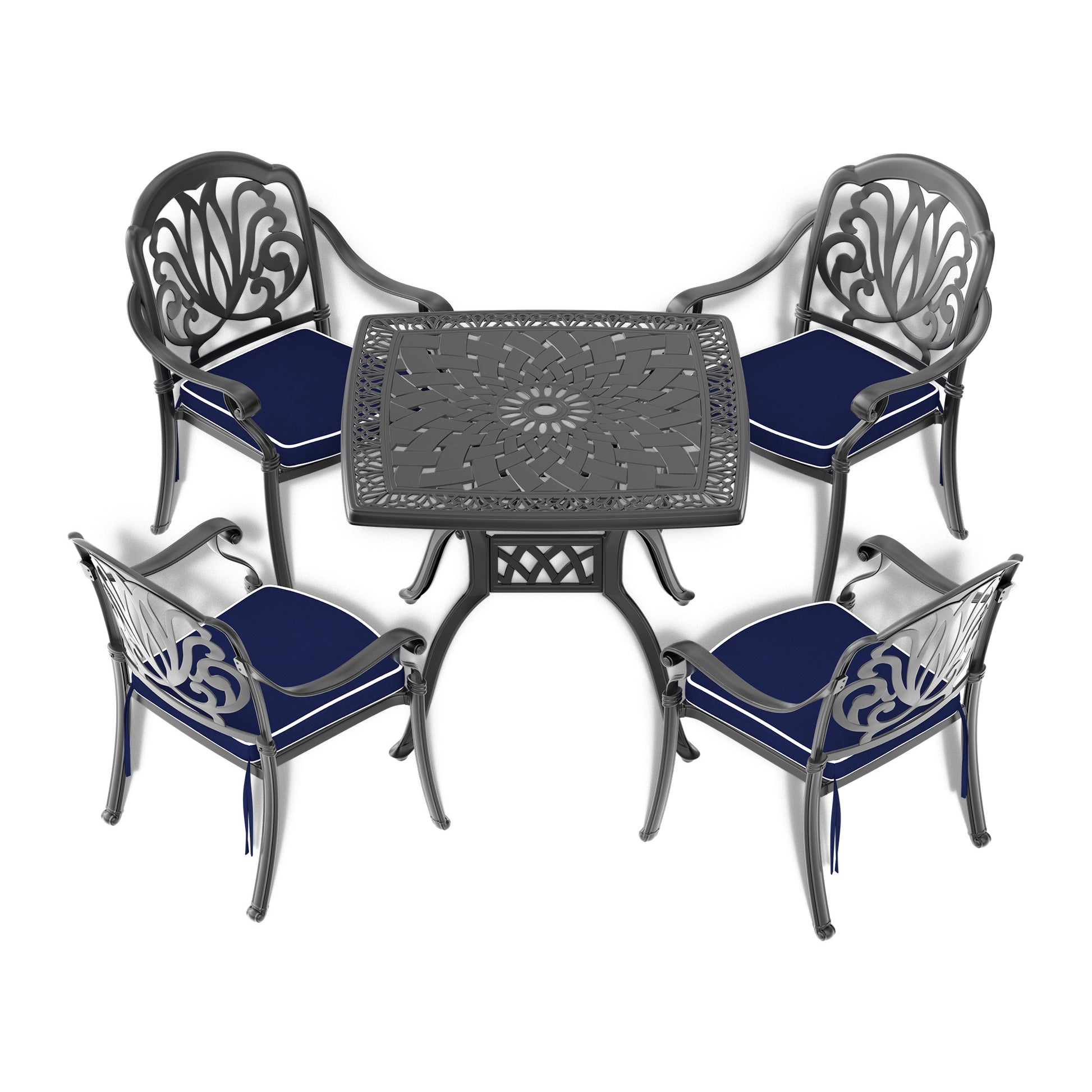 Cushions In Random Colors 5 Piece Set Of Cast Aluminum Patio Furniture With Cushions Yes Dining Set Black Seats 4 Rust Resistant Frame Water Resistant Cushion Garden & Outdoor Complete Patio Sets Aluminium