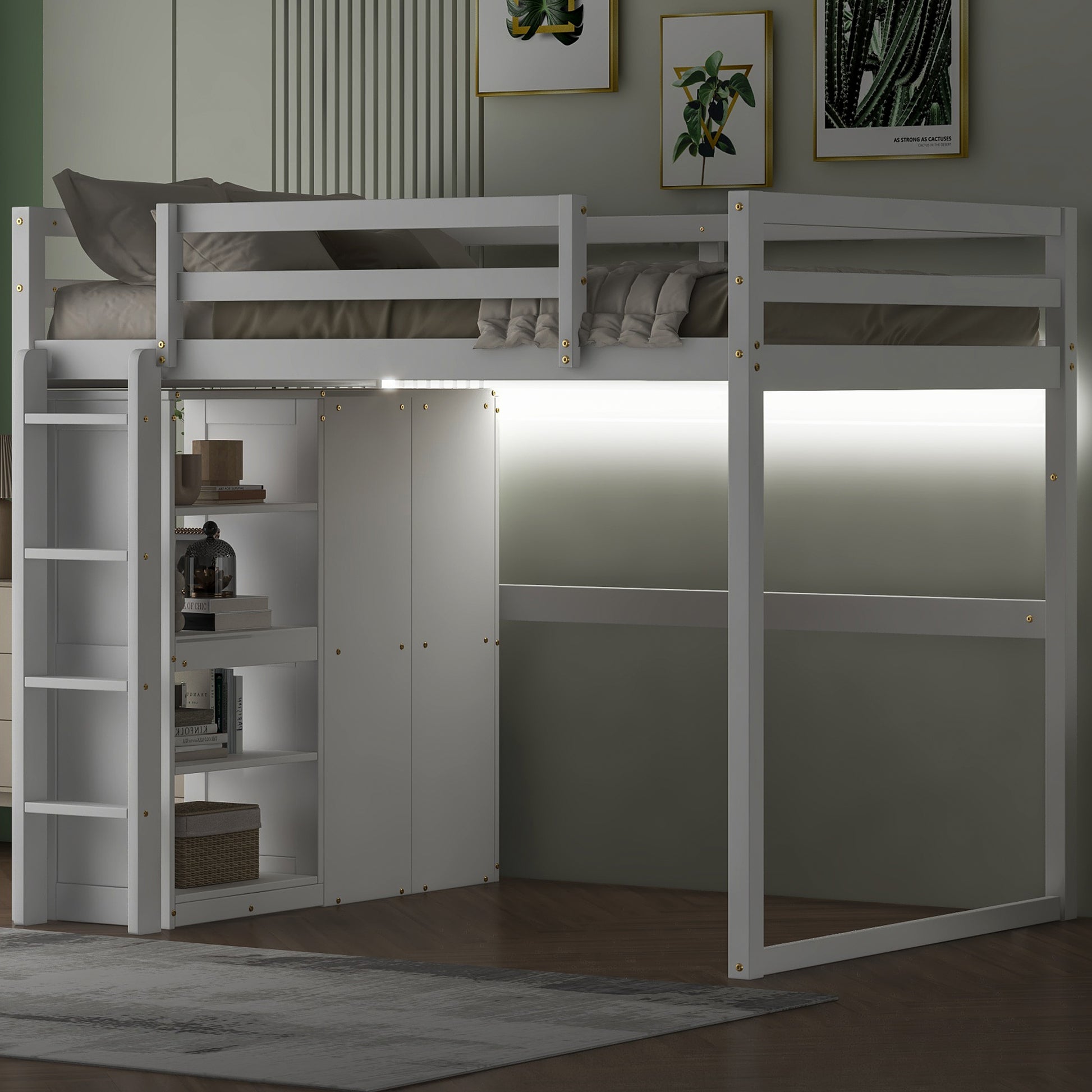 Wood Full Size Loft Bed With Built In Wardrobe And Storage Shelves, Led Light, White Box Spring Not Required Full White Wood Bedroom Bed Frame Solid Wood Mdf