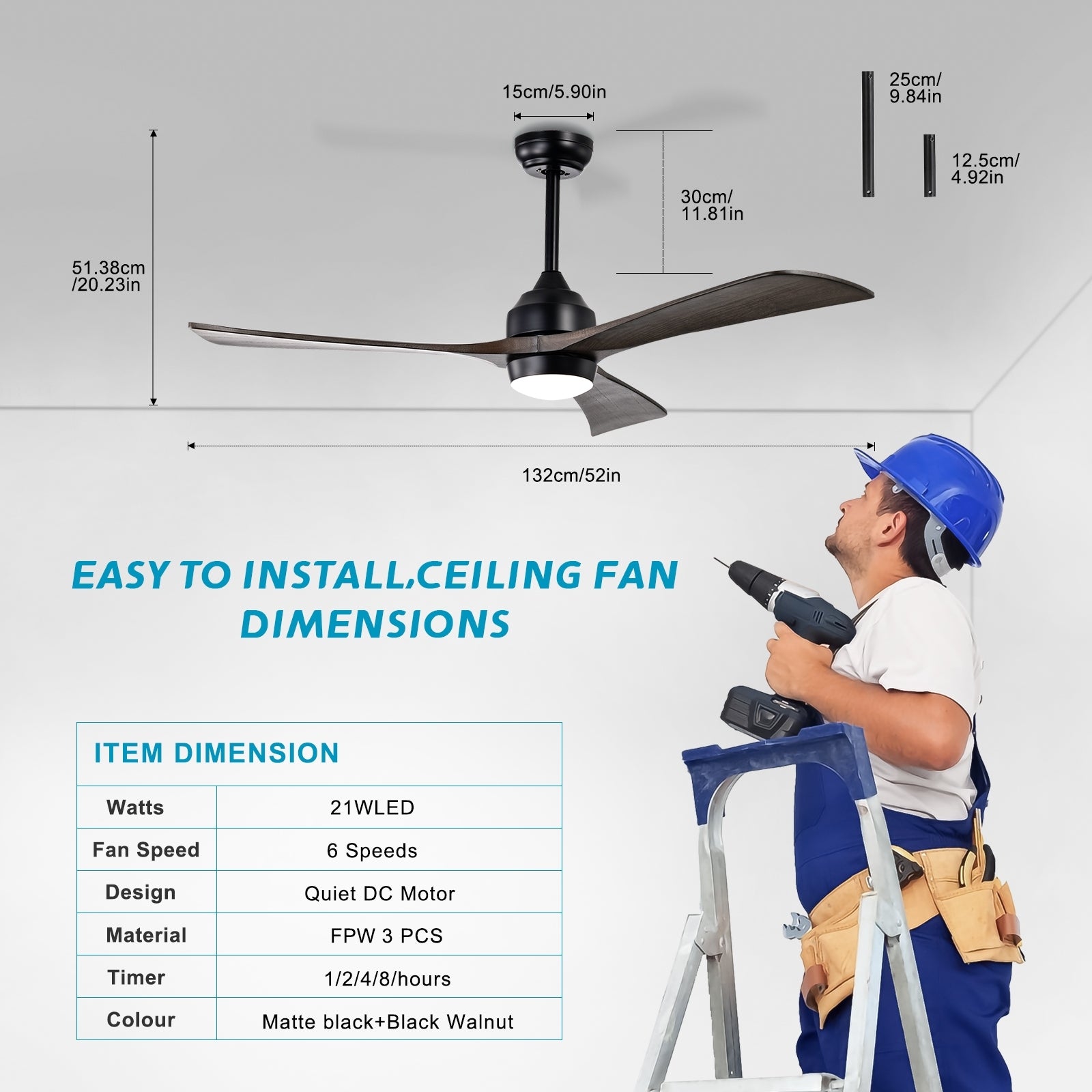 52" Ceiling Fan With Lights Remote Control,Quiet Dc Motor 3 Blade Ceiling Fans 6 Speed Levels,Reversible Ceiling Fan, For Patio Living Room, Bedroom, Office,Indoor. Matte Black Black Walnut Matte Black Contemporary,Farmhouse,Industrial Wood Iron