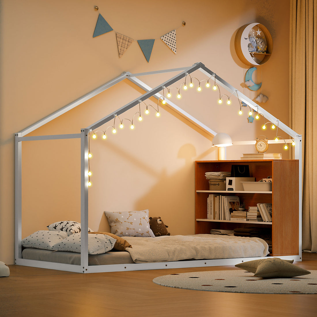 Twin Size Metal Bed House Bed Frame With Shelves And Lights, White Twin White Metal & Wood