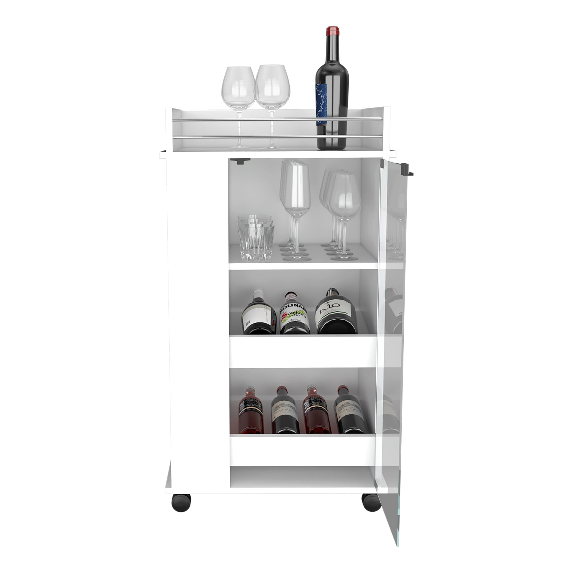 Baltimore Bar Cart With Casters, Glass Door And 2 Side Shelf White Primary Living Space Modern Rectangular Particle Board Engineered Wood Medium 40 55In