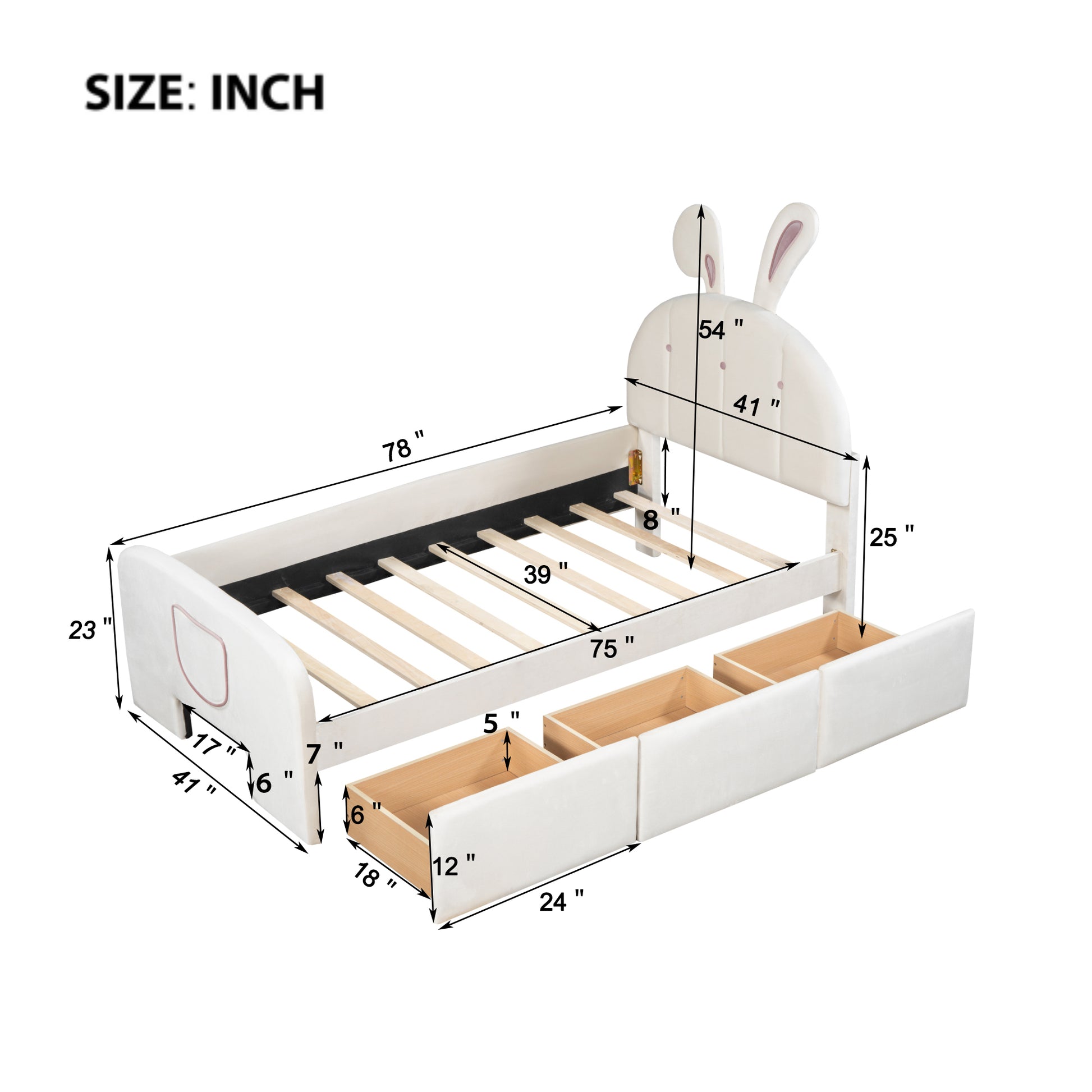 Twin Size Velvet Platform Bed With Rabbit Shaped Headboard, With Drawers, With Bed End Storage Pocket, Beige Twin Beige Plywood