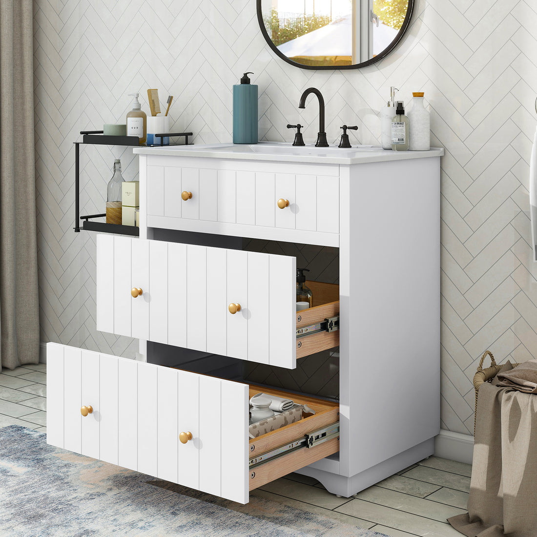 Video 30 Inch Modern White Bathroom Vanity Cabinet With Two Drawers White Solid Wood Mdf