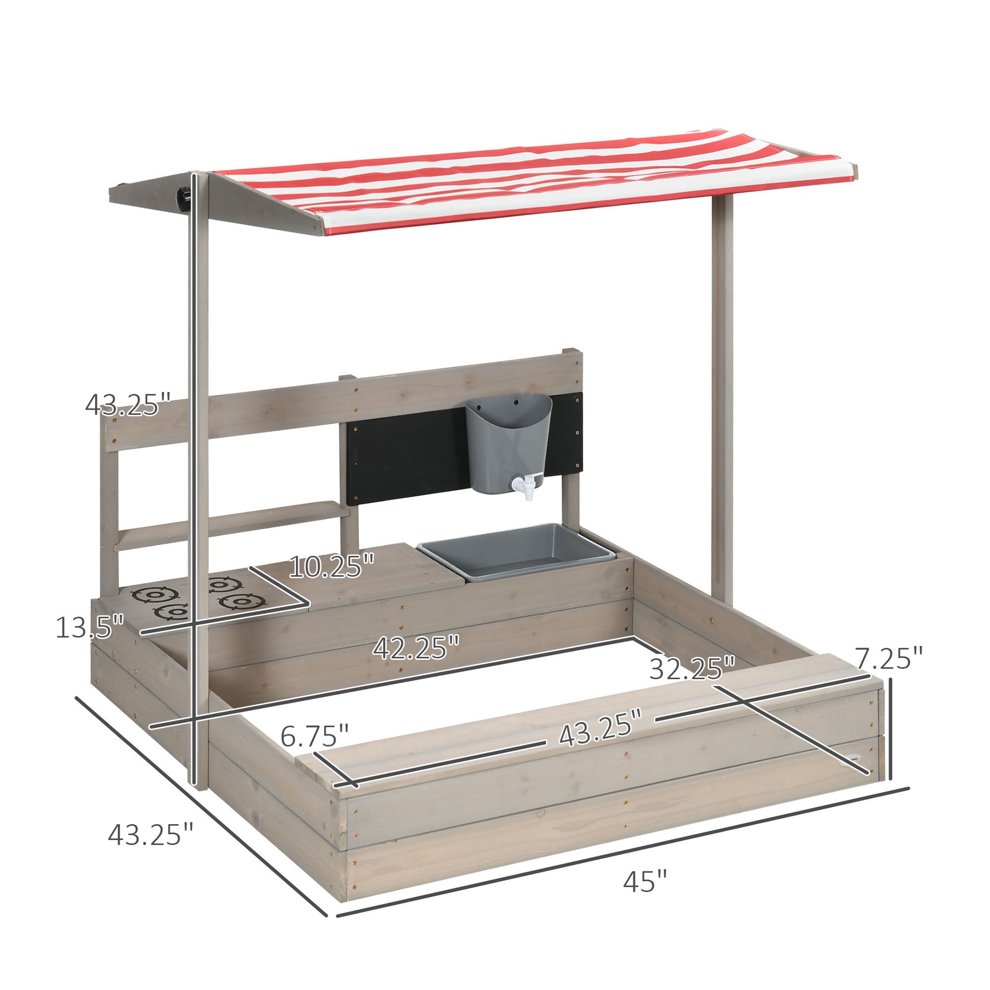 Outsunny Kids Sandbox With Canopy Adjustable, Wooden Sandbox Backyard Toy With Kitchen Playset Accessories, Outdoor Activity Gift For Girls And Boys, Ages 3 7 Red Brown Wood