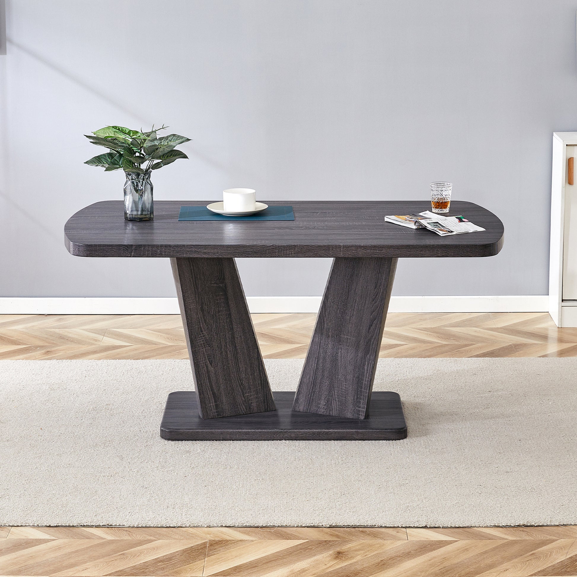 Dining Table Set For 6, 7 Piece Kitchen Table Chairs Set, 1.8" Thickness Tabletop And V Shaped Table Legs, Modern Dining Room Set With 63 Inch Dinner Table And 6 Upholstered Chairs For Dining Room Wood Gray Dining Room Classic,Mid Century Modern,Modern