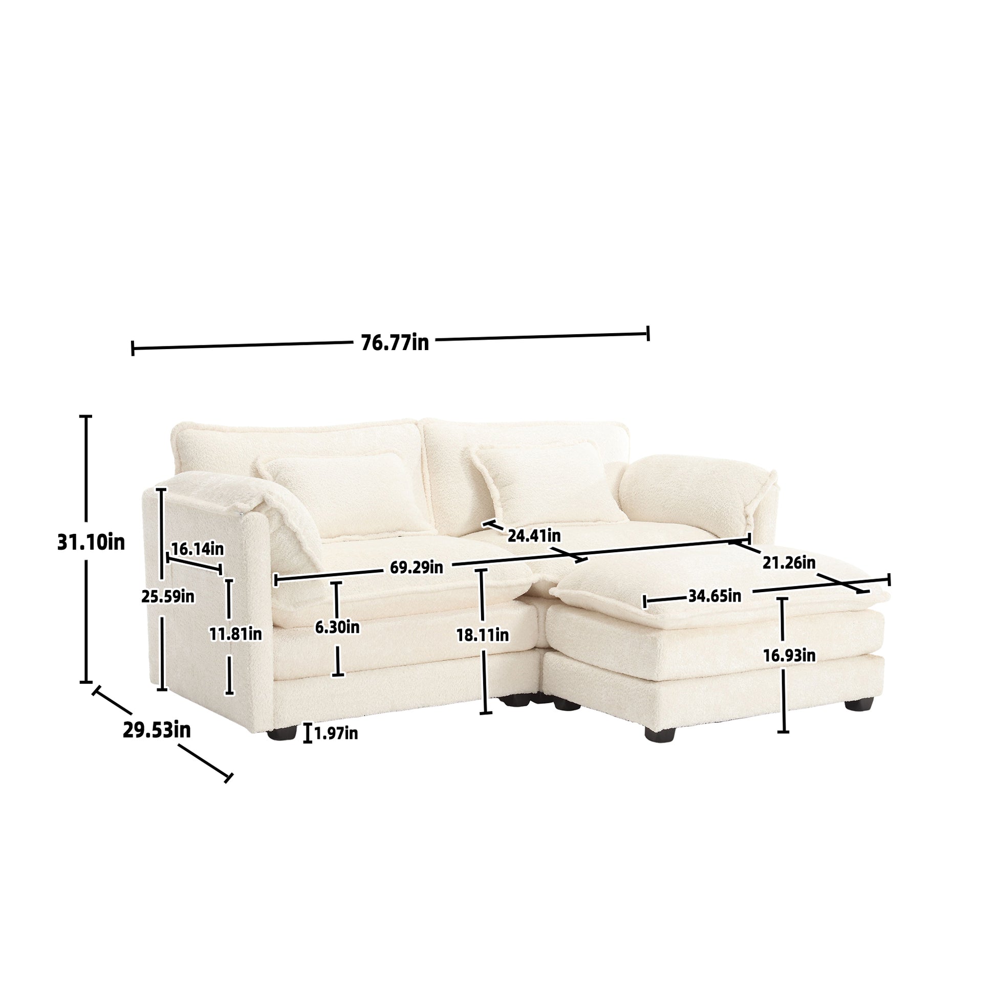 United We Win Chenille Fabric, Removable Armrests With Side Pockets, High Density Sponge Filling, Oversized Double Sofa With Footstool Beige Chenille 2 Seat