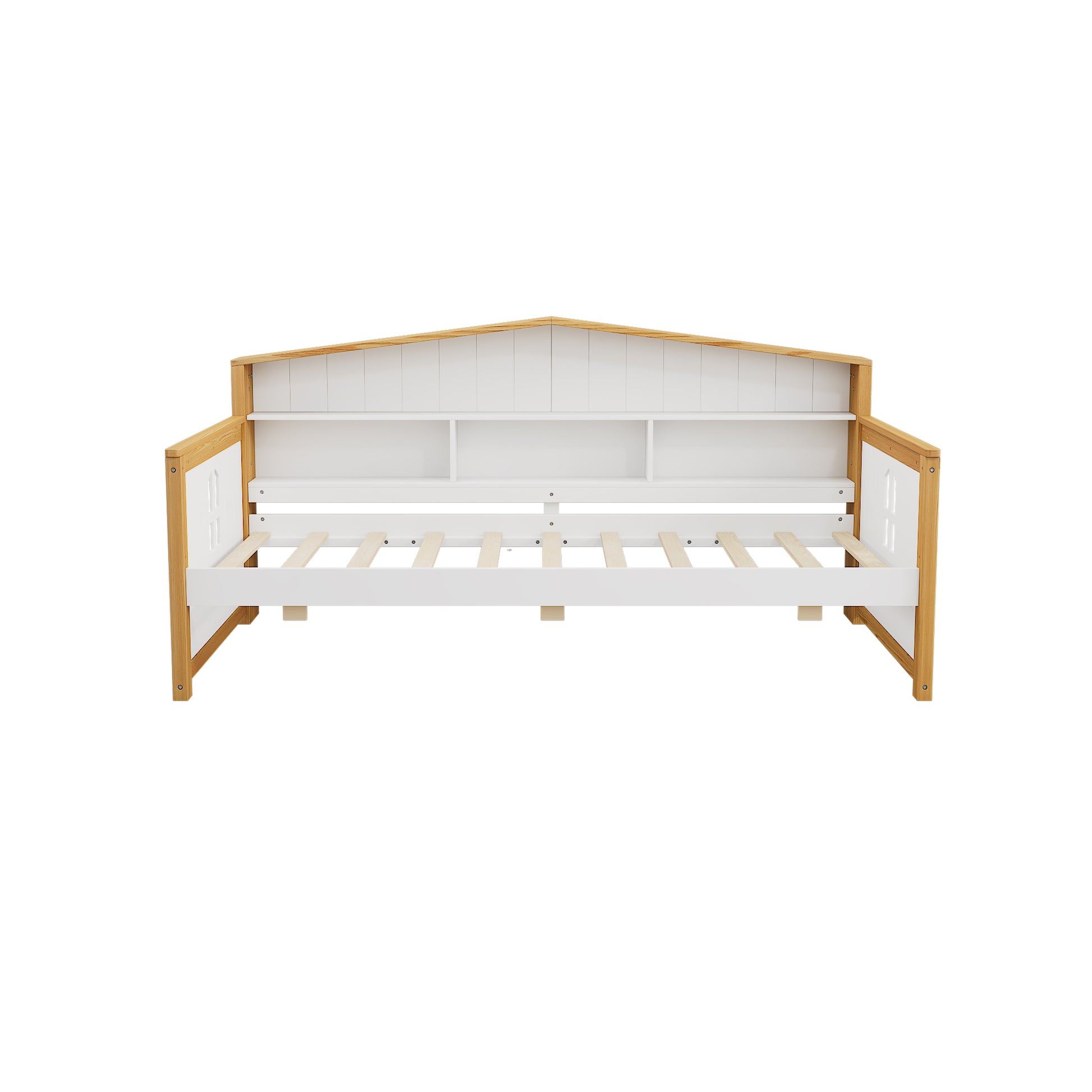 Twin Size House Shape Daybed With Trundle And Bookcase Headboard Wooden Bed For Girls Boys Teens, No Box Spring Needed, Walnut And White Box Spring Not Required Twin White Walnut Wood Bedroom Cute Pine Bed Frame Wood