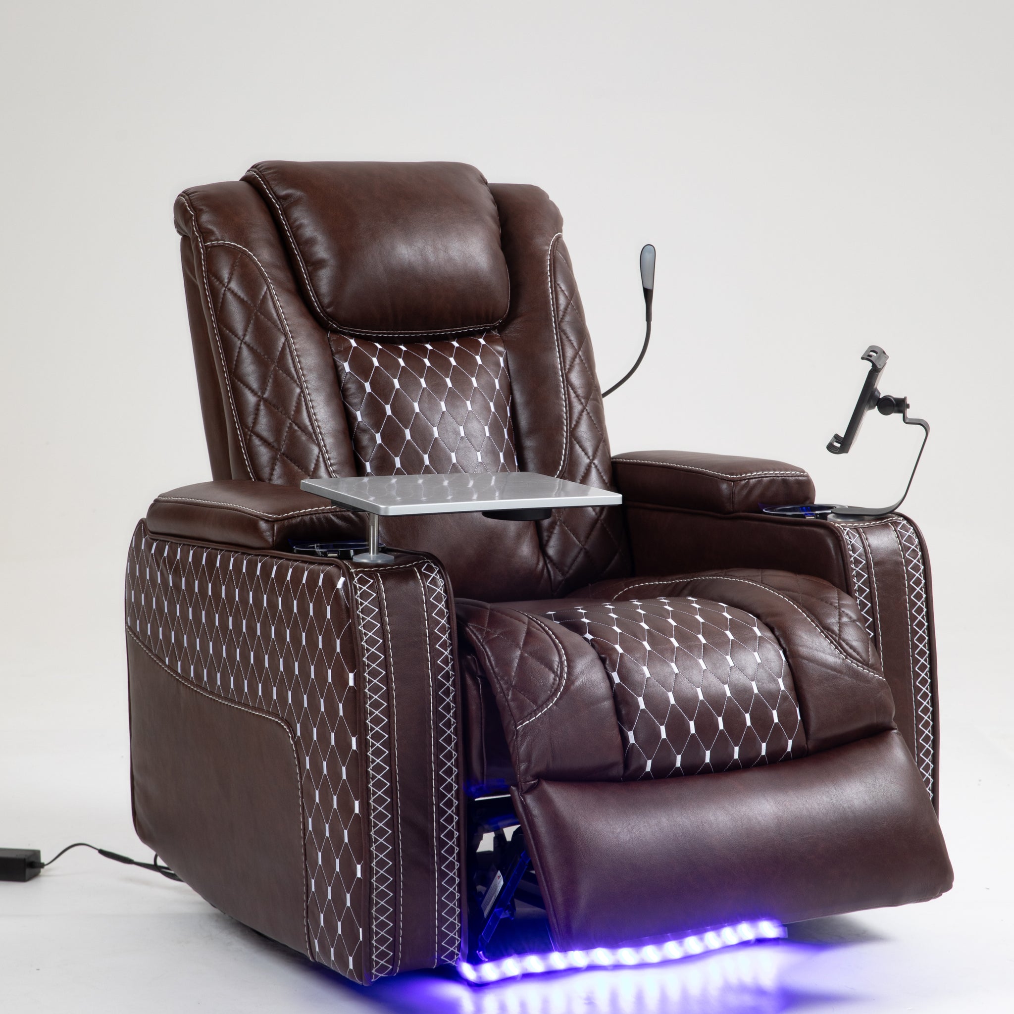 Power Zero Gravity Recliner With Multifunctional Features Storage Armrest & Cup Holder Laptop Table & Phone Holder Reading Light & Led Infinite Position Recline For Living Room & Office Brown Leather