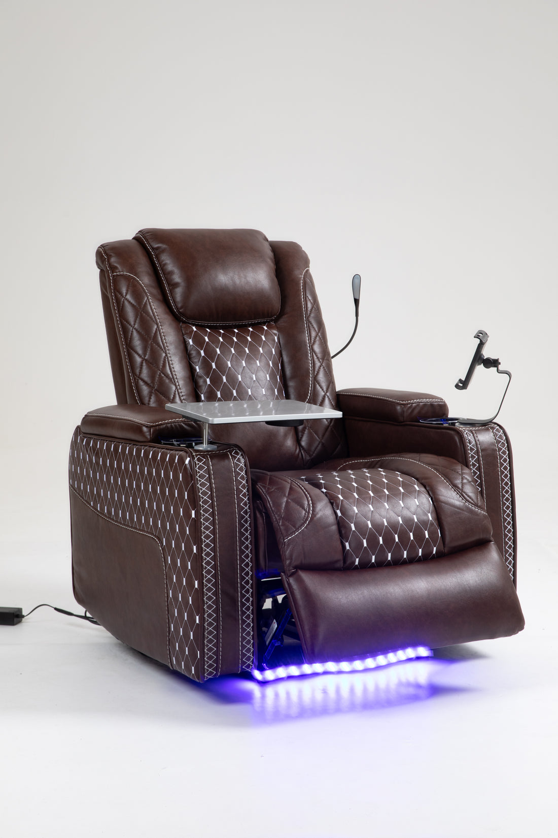 Power Zero Gravity Recliner With Multifunctional Features Storage Armrest & Cup Holder Laptop Table & Phone Holder Reading Light & Led Infinite Position Recline For Living Room & Office Brown Leather