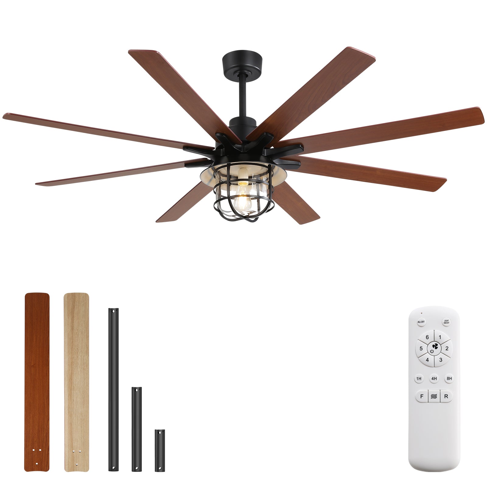 Modern 66 Inch With 6 Speed Wind 8 Blades Remote Control Reversible Dc Motor With Light Black Plywood