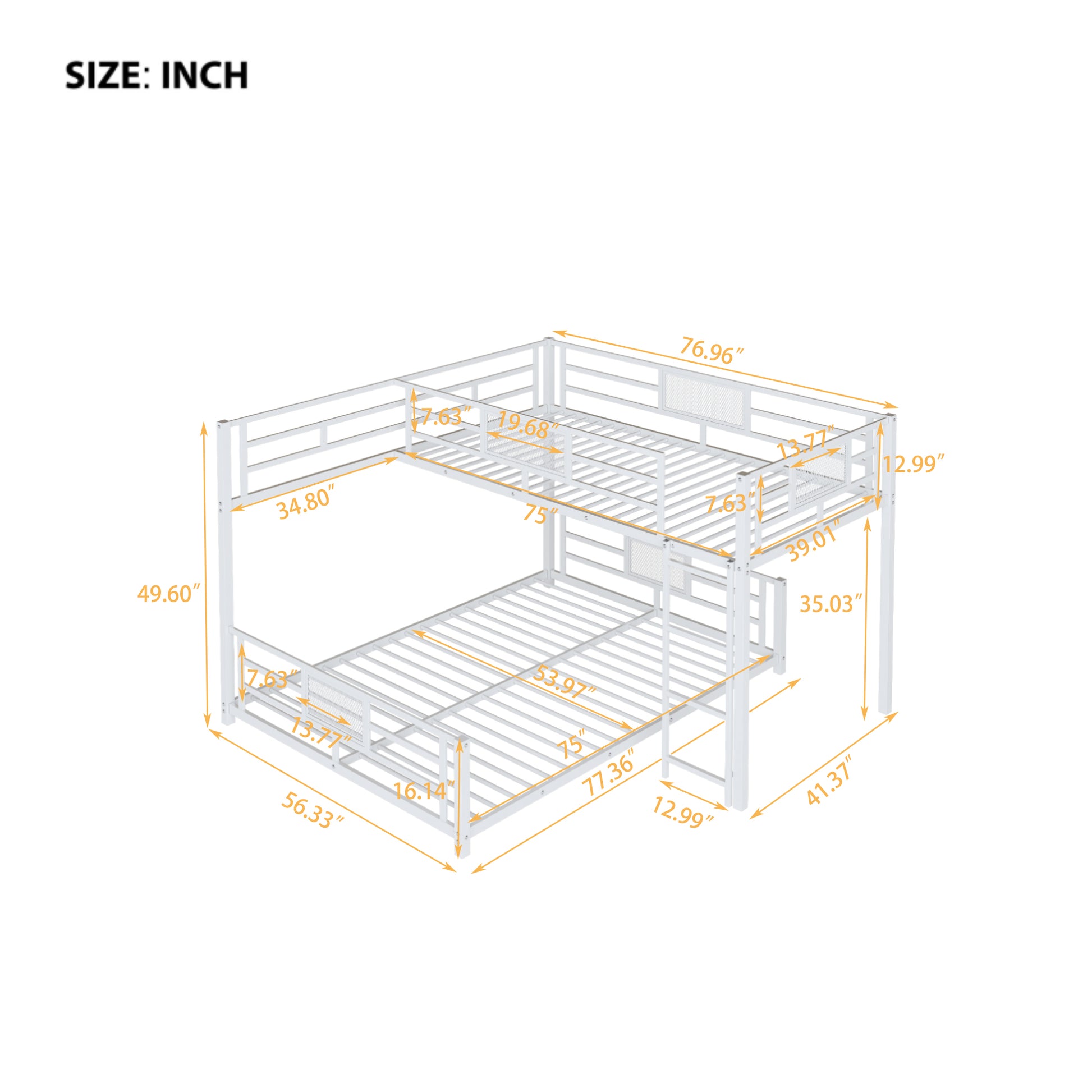 L Shaped Metal Twin Over Full Size Bunk Bed, White Box Spring Not Required White Metal Metal