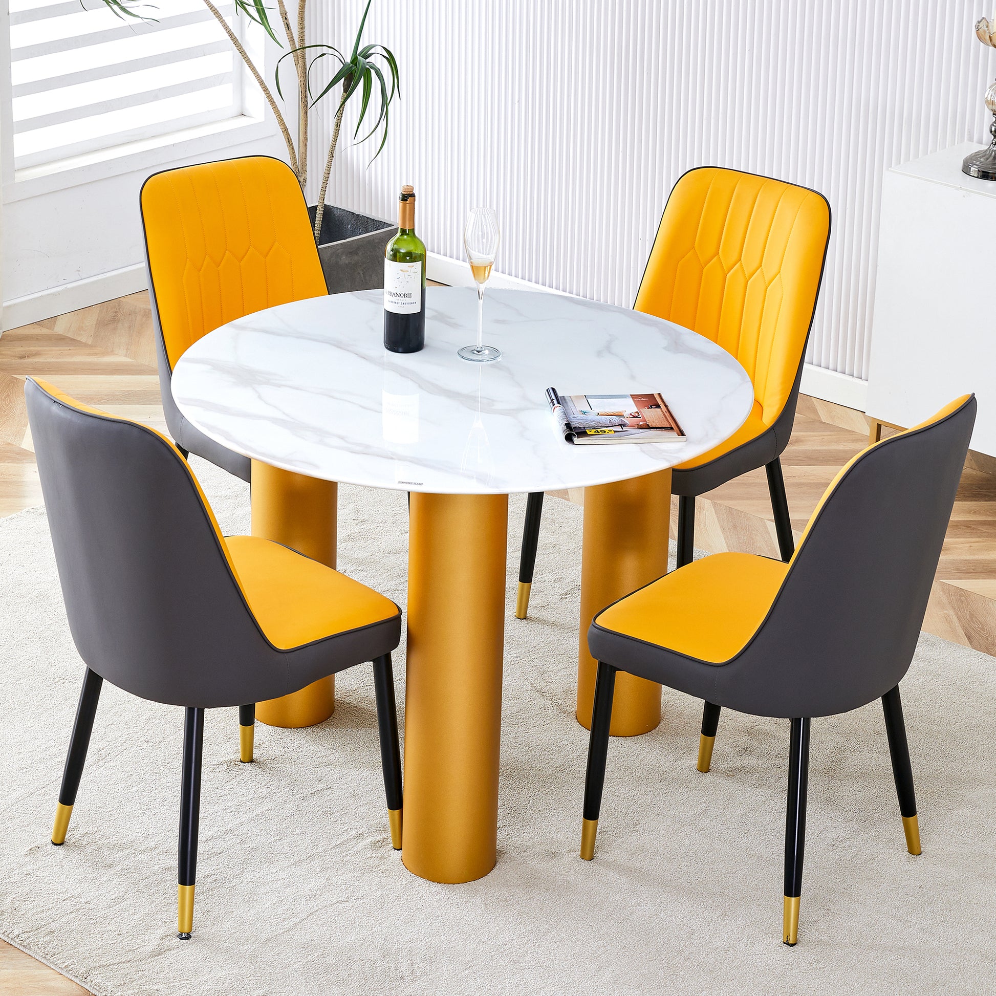 Round White Dining Table, Artificial Marble Glass Stickers, Golden Mdf Legs, Kitchen Dining Table, Living Room Dining Table 40 "* 40" * 29.4 "F X03 White Mdf