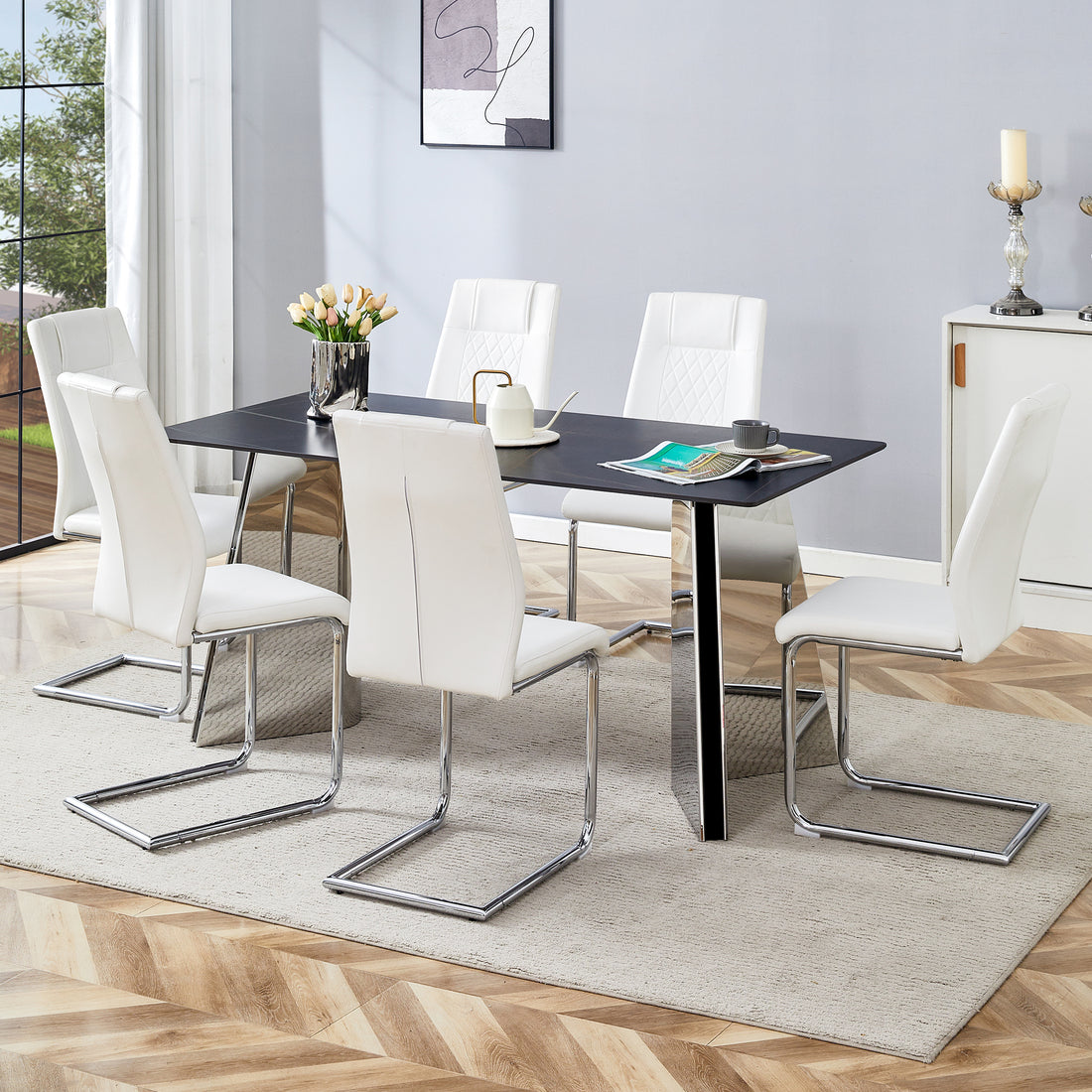 Table And Chair Set.63"X31.5X30" Black Marble Patterned Slabs Tabletop With Stainless Steel Butterfly Legs.Paried With 6 White High Quality Pu Chairs With Silver Metal Legs. White Black Seats 6