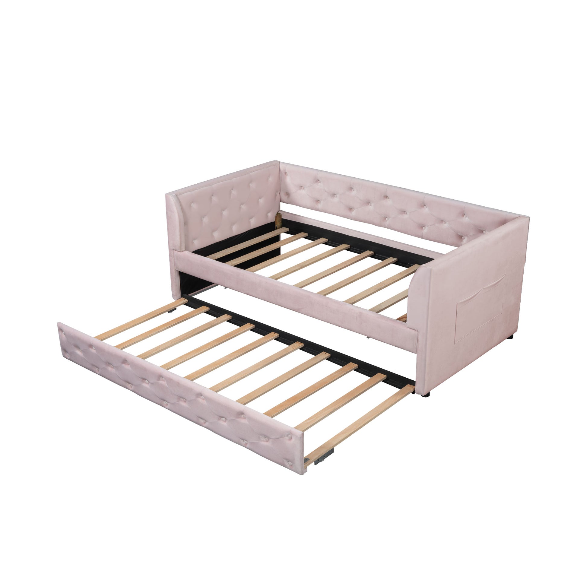 Twin Size Upholstered Velvet Tufted Daybed With Trundle, Pink Box Spring Not Required Twin Pink Wood Daybeds Velvet Solid Wood Mdf,Velvet