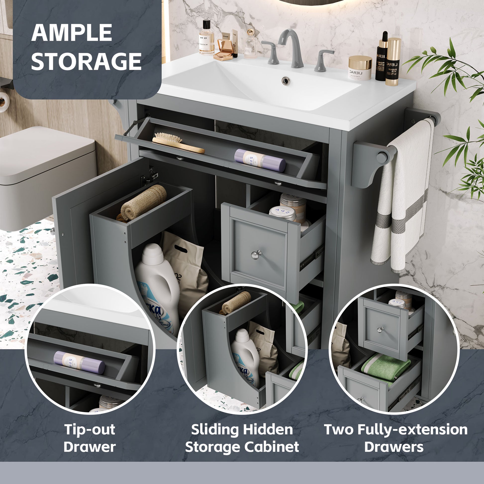 30'' Bathroom Vanity With Top Sink, Modern Bathroom Storage Cabinet With 2 Drawers And A Tip Out Drawer, Single Sink Bathroom Vanity Same As Sw000143Aae Grey Bathroom Modern Solid Wood Mdf Resin