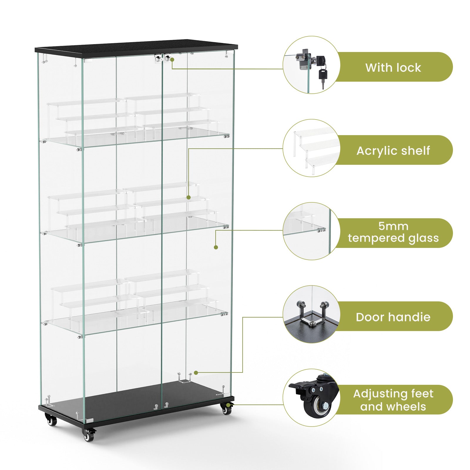 4 Tier Glass Display Cabinet, Double Door Glass Cabinet With Two Locks, Floor Standing Storage Cabinet With 6 Acrylic Shelves For Living Room, Bedroom And Office, Black, 31.5"L X 14.2"W X 65.1"H