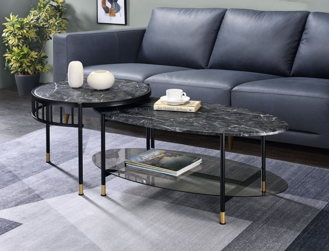 Silas Engineered Stone Top & Black Finish Nesting Table Black Faux Marble
