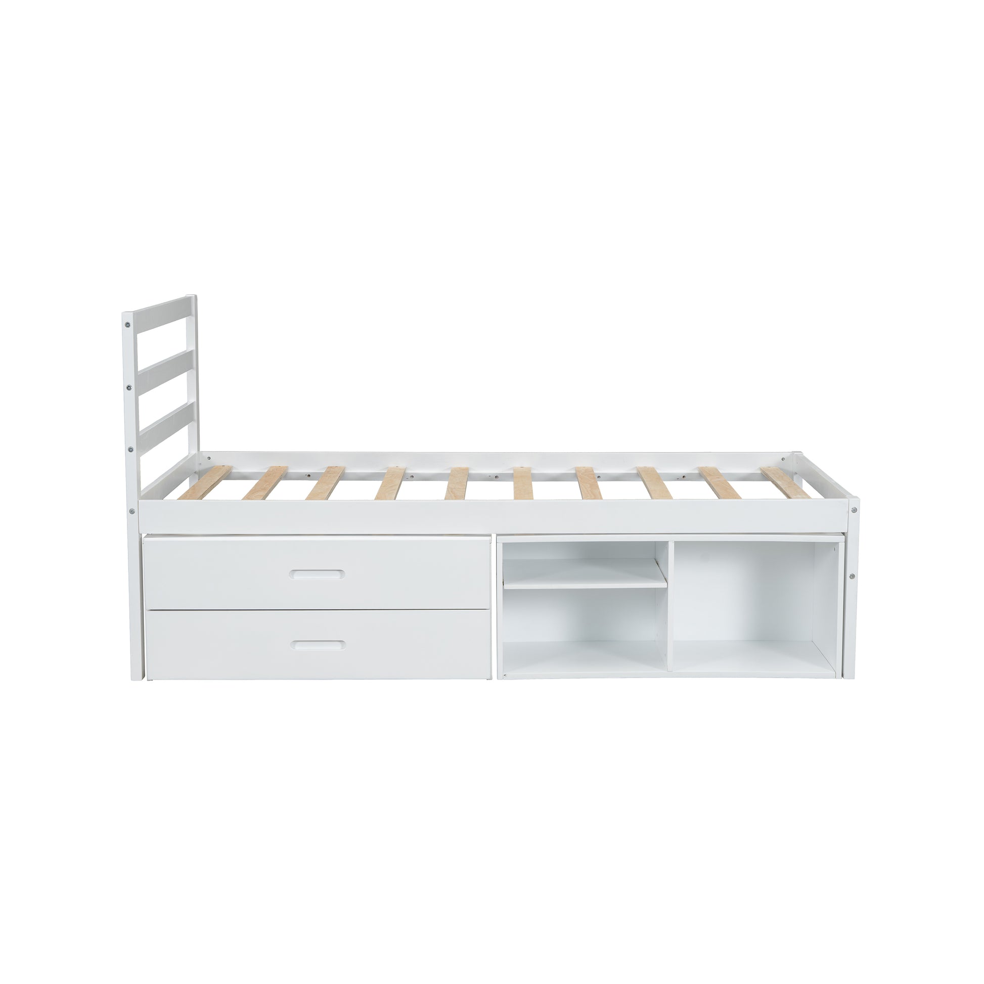 Twin Size Wood Platform Bed With Removable Storage Shelves, Built In Two Storage Drawers For Added Convenience, White Twin White Wood