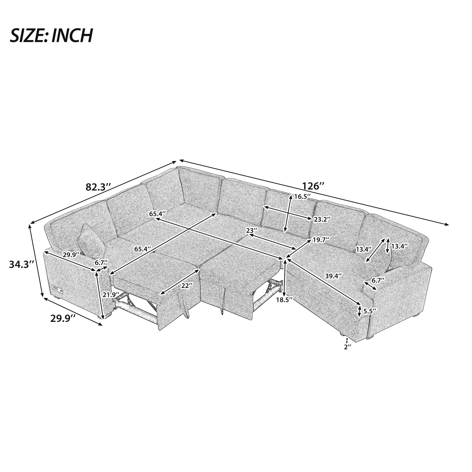 126" L Shaped Sofa Sectional Sofa Couch Pull Out Sofa Bed With Charging Devices And Cup Holders For Living Room, Beige Beige Foam Chenille 6 Seat