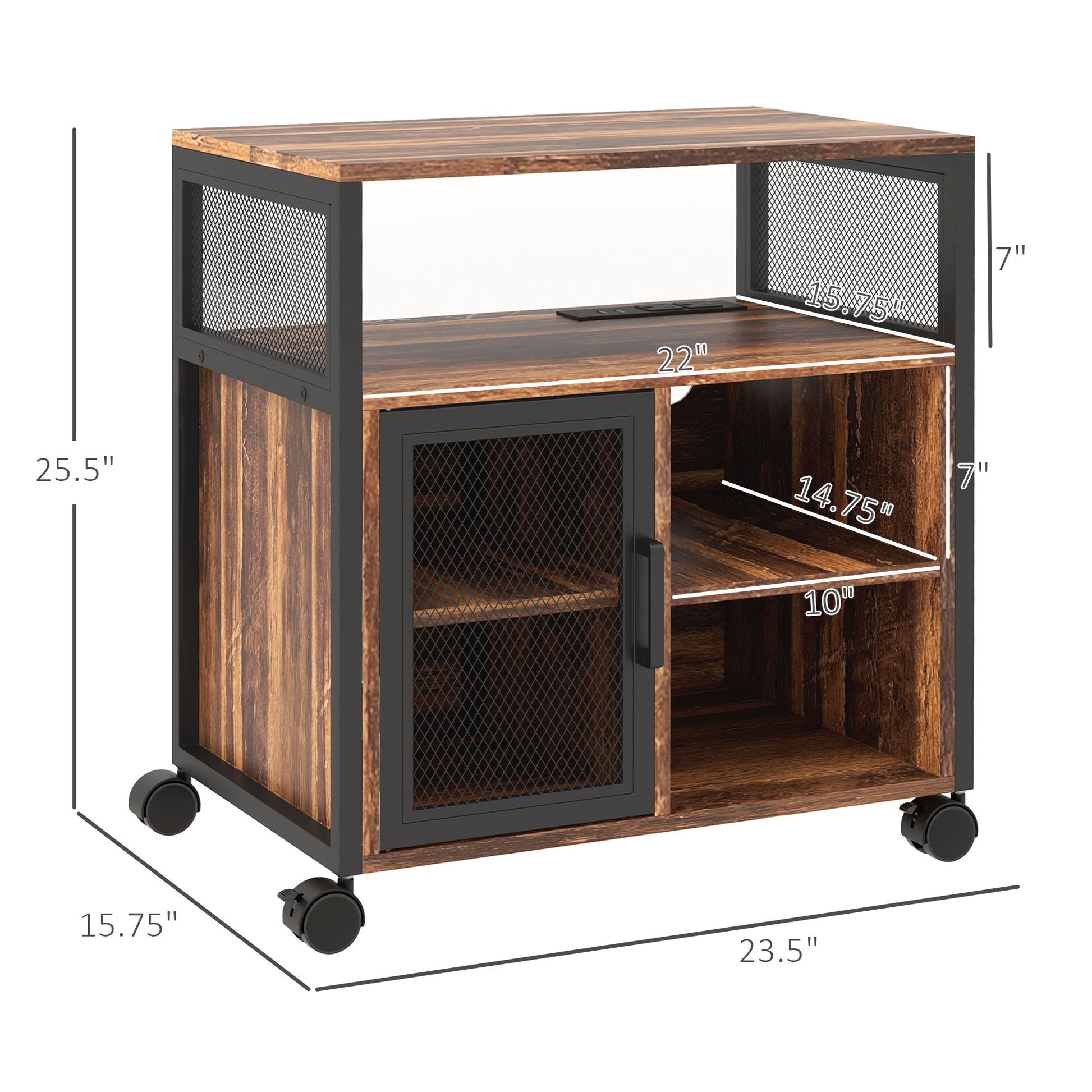 Vinsetto Mobile Printer Stand With Socket & Usb Ports, Rustic Brown Rustic Brown Particle Board