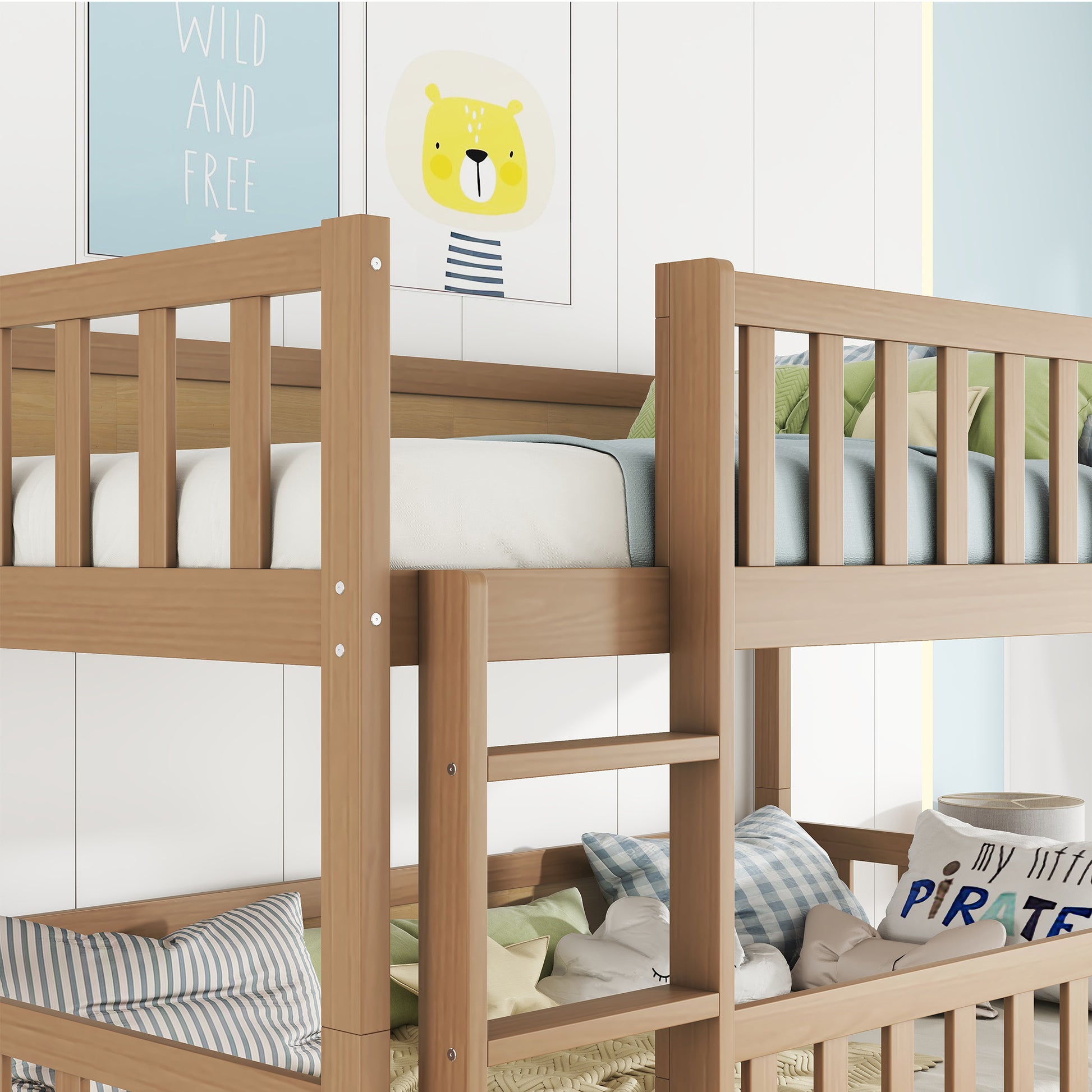 Twin Size Triple Rubber Wood Bunk Bed, With Ladders, Guardrails Detachable Bunk Bed, Twin Over Twin Over Twin,White Oak Twin White Oak Bedroom American Design Bed Frame Rubber Wood