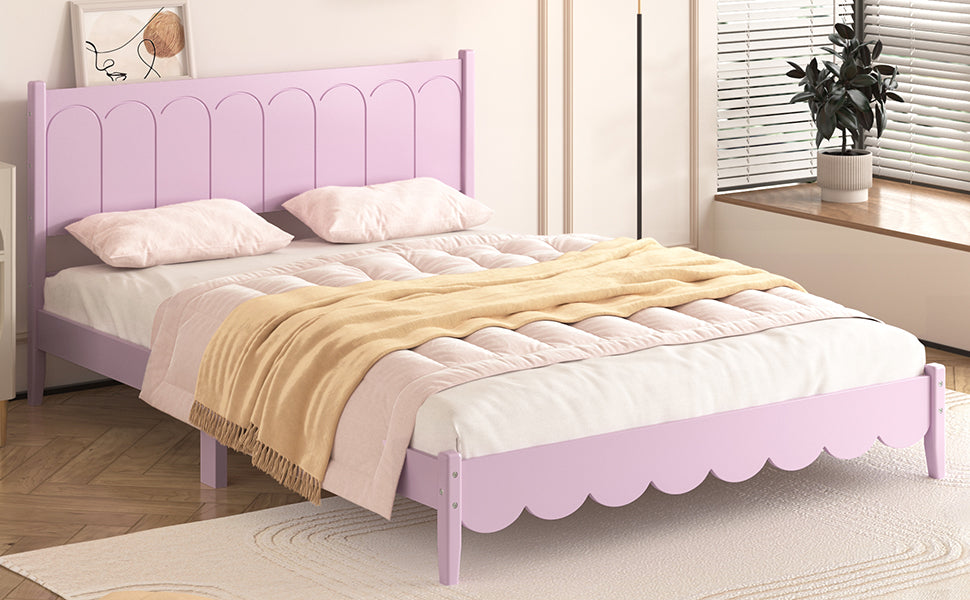 Queen Size Wood Platform Bed Frame, Retro Style Bed With Rectangular Headboard,No Need Box Spring,Pink Queen Pink Wood