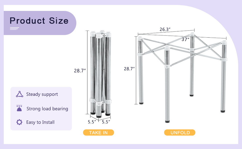 Simple Silver Stainless Steel Folding Table Frame Multifunctional, Space Saving.Folding Table Frame,Silver Stainless Steel Material,Only Table Leg.5.5*5.5*28.7 26.3*26.3*28.7 Inch. Silver Metal