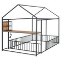 Full Size Metal Bed House Bed Frame With Desk, Shelves, Power Outlets And Usb Ports, Black Full Black Metal