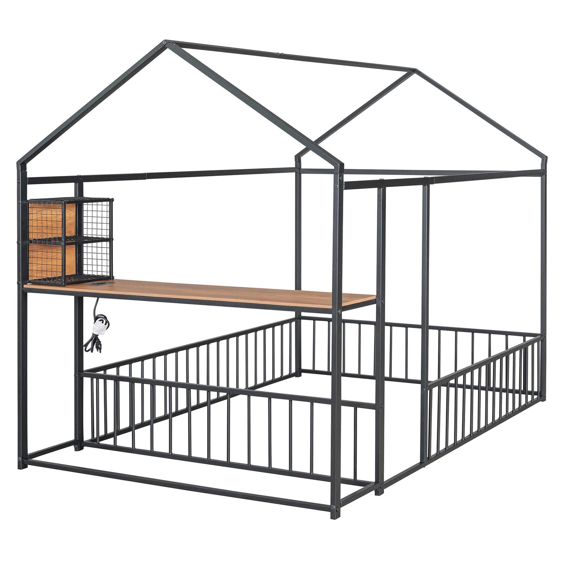 Full Size Metal Bed House Bed Frame With Desk, Shelves, Power Outlets And Usb Ports, Black Full Black Metal