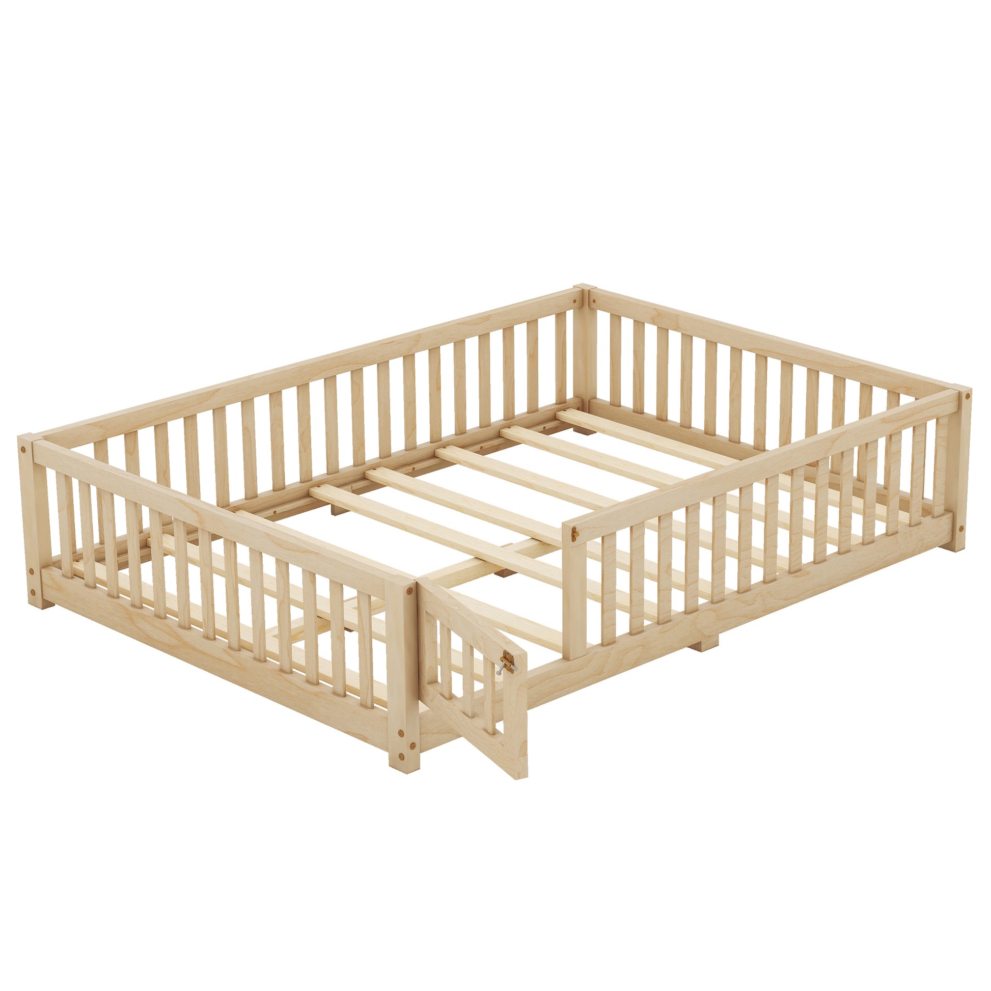 Full Size Bed Floor Bed With Safety Guardrails And Door For Kids, Natural Old Sku: W158090693 Full Natural Pine