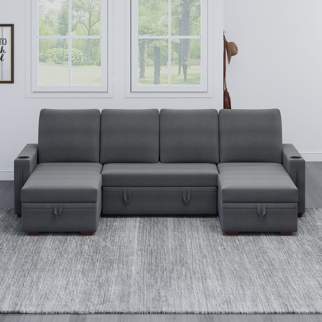 Sectional Sofa With Storage, 96" U Shaped Sectional Couches For Living Room, Comfy Convertible Sectional Sofa Dark Grey Dark Grey Linen Primary Living Space Cushion Back Soft Modern Eucalyptus Square Arms Foam Linen 4 Seat