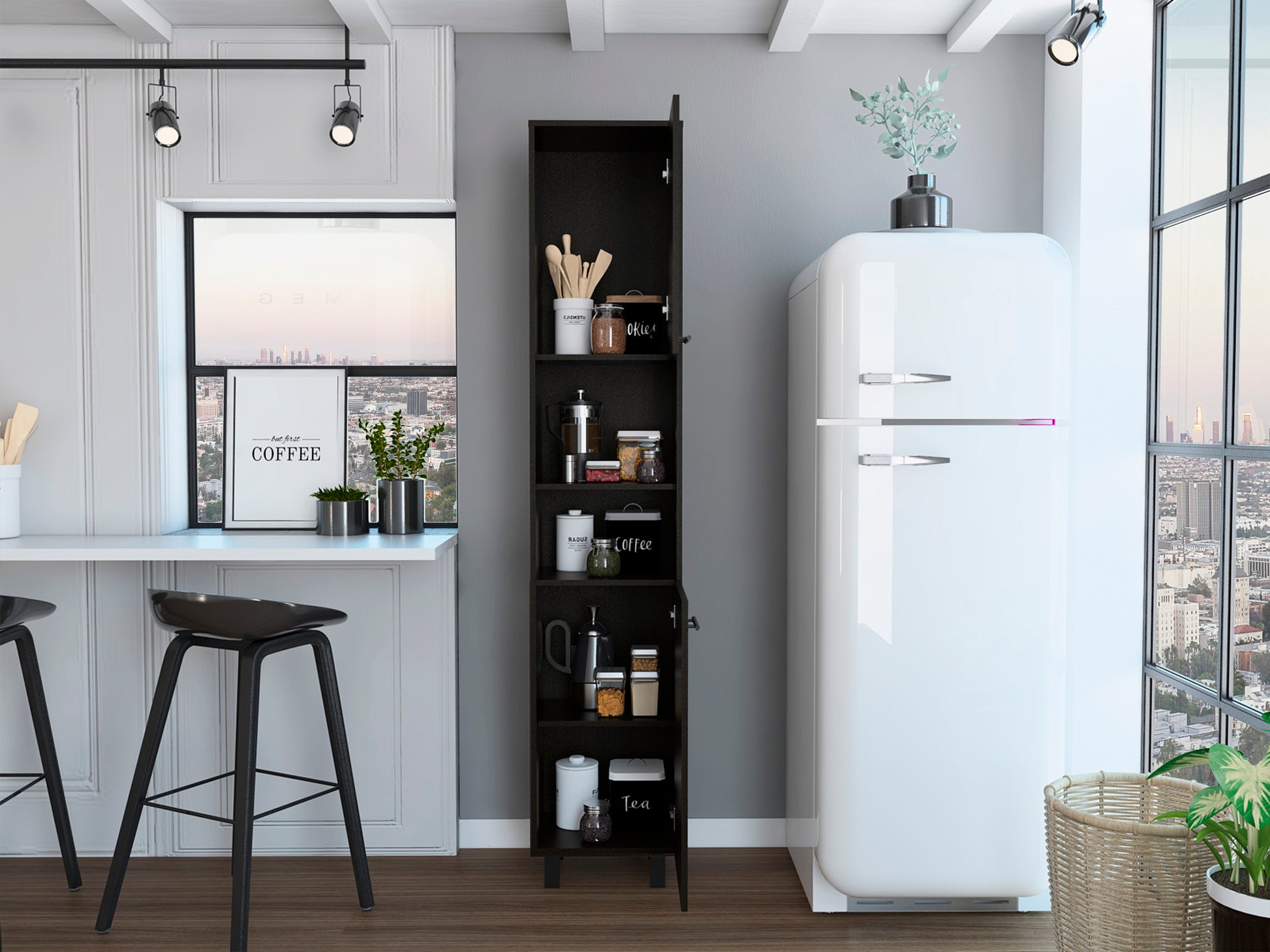 Sheffield 2 Door Pantry Cabinet, With Two 2 Cabinet Spaces And Two Open Shelves Black Kitchen Contemporary Pine Particle Board Cabinets Included Engineered Wood